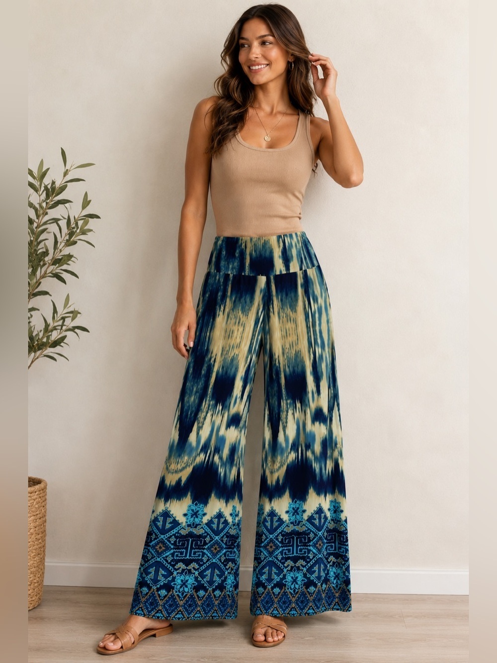 Palazzo Pants Boho Hippie Resort Festival Navy Beige Geometric Ikat Medium